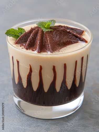 Delicious chocolate mousse dessert with mint garnish