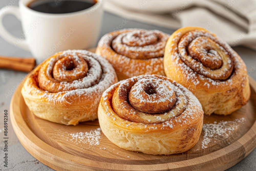 Freshly baked cinnamon rolls with powdered sugar Freshly baked cinnamon rolls with powdered sugar