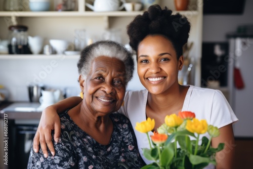 Portrait of a smiling senior woman with caregiver in nursing home