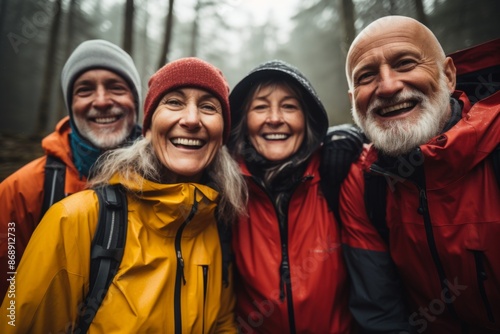 Portrait of a smiling group of senior hikers in rain jackets