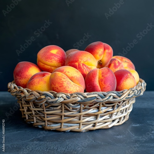 Basket of Ripe Peaches on Dark Background