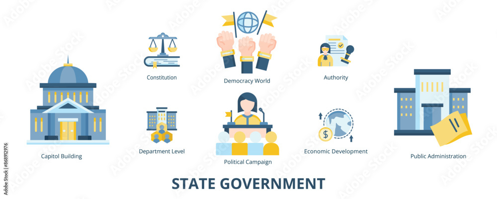 State Government Flat Banner Web Icon Set Vector Illustration, Capitol Building Constitution Political Campaign Department Level Democracy World Authority Public Administration Economic Development State Government Flat Banner Web Icon Set Vector Illustration, Capitol Building Constitution Political Campaign Department Level Democracy World Authority Public Administration Economic Development