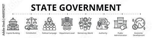 State Government Line Banner Web Icon Set Vector Illustration, Capitol Building Constitution Political Campaign Department Level Democracy World Authority Public Administration Economic Development 