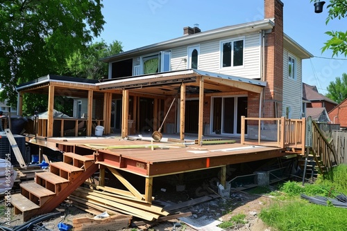 Under Construction: A New Deck Being Built Onto a House