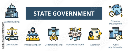 State Government Lineal Color Banner Web Icon Set Vector Illustration, Capitol Building Constitution Political Campaign Department Level Democracy World Authority Public Administration Economic 