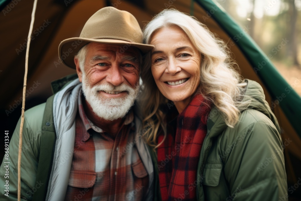 Portrait of a smiling couple in front of tent outdoors Portrait of a smiling couple in front of tent outdoors
