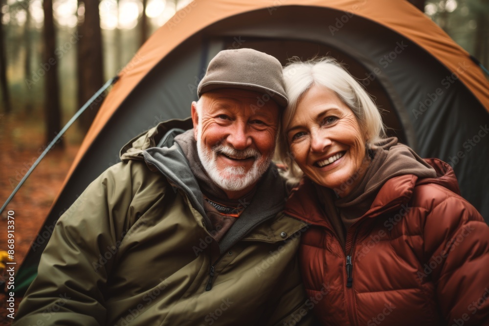 Portrait of a smiling couple in front of tent outdoors Portrait of a smiling couple in front of tent outdoors