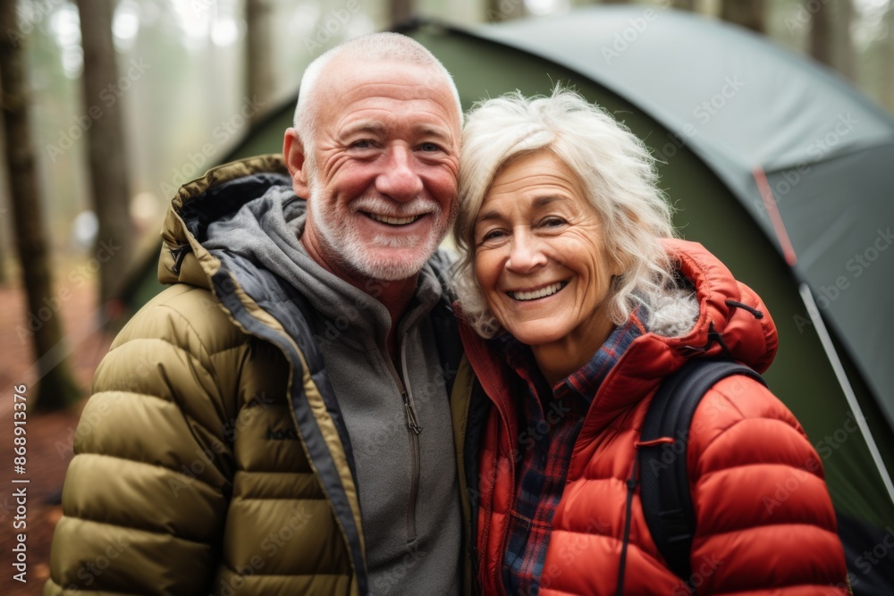 Portrait of a smiling couple in front of tent outdoors Portrait of a smiling couple in front of tent outdoors