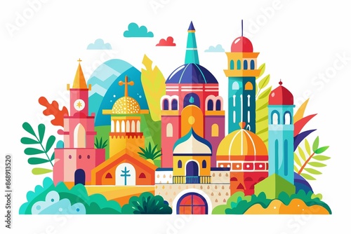 graphic design, watercolor, Whimsical watercolor scenes on pure white background, featuring collection of modern buildings and structures with bold, colorful designs.
