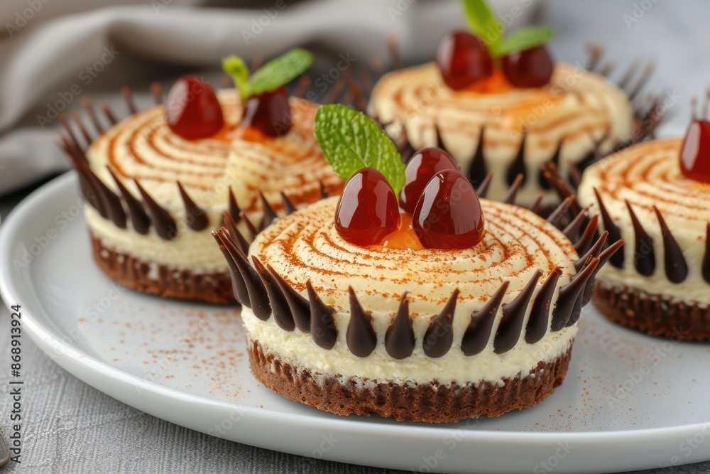 Delicious dessert cakes with chocolate and fruit toppings Delicious dessert cakes with chocolate and fruit toppings