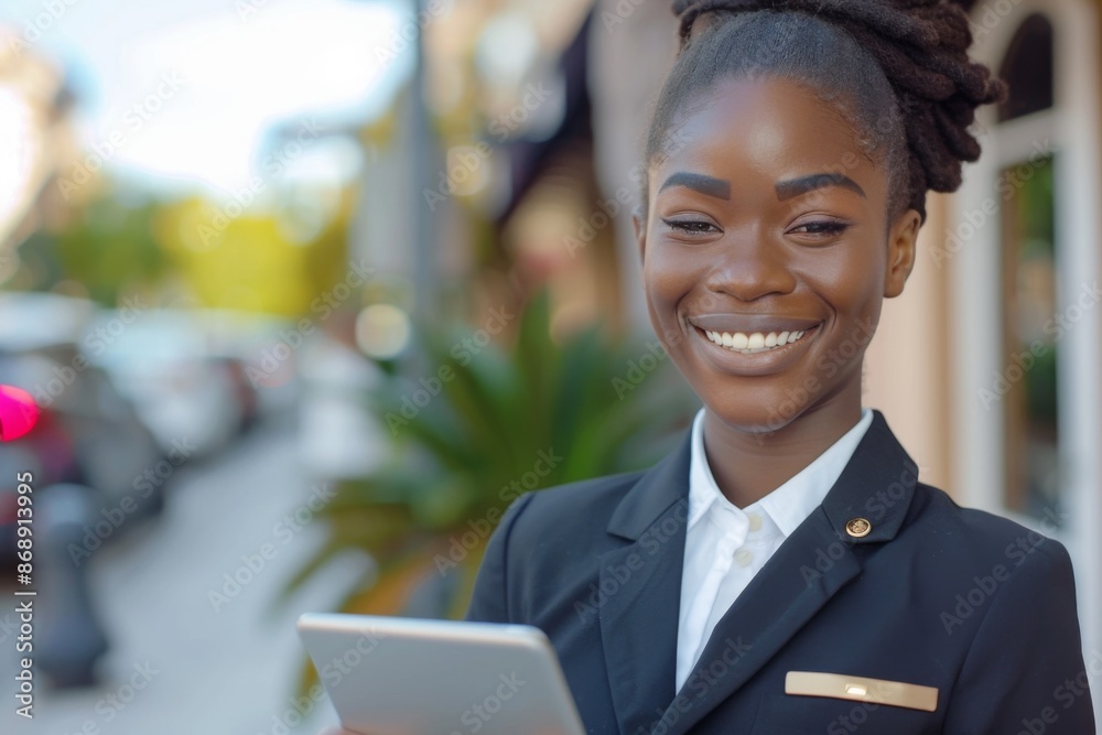Portrait of a smiling young female valet with tablet Portrait of a smiling young female valet with tablet