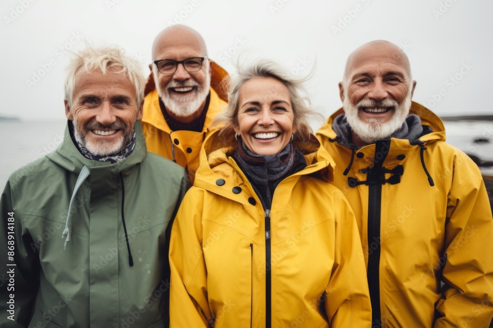 Portrait of a smiling group of senior hikers in rain jackets Portrait of a smiling group of senior hikers in rain jackets