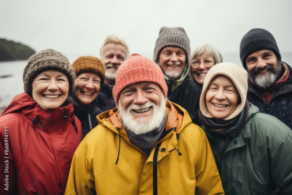 Portrait of a smiling group of senior hikers in rain jackets Portrait of a smiling group of senior hikers in rain jackets