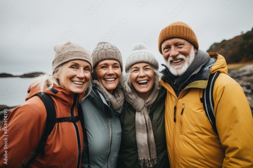 Portrait of a smiling group of senior hikers in rain jackets Portrait of a smiling group of senior hikers in rain jackets
