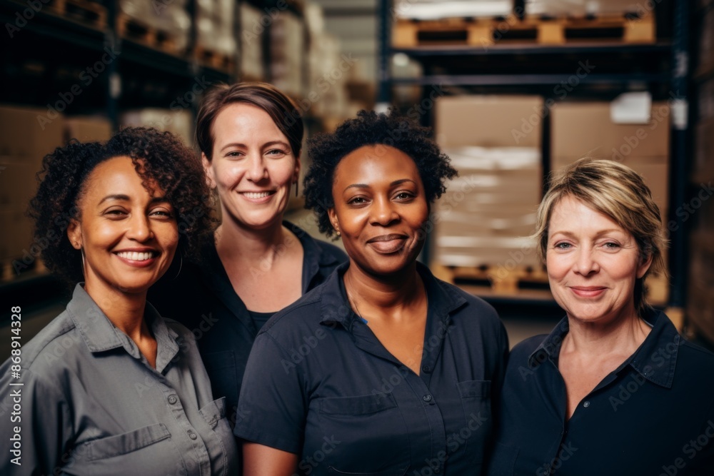 Group portrait of diverse female warehouse workers smiling Group portrait of diverse female warehouse workers smiling
