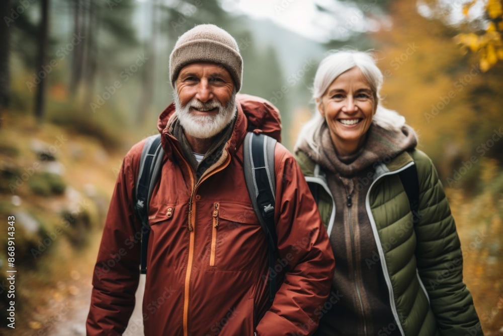 Portrait of active seniors on country walk Portrait of active seniors on country walk