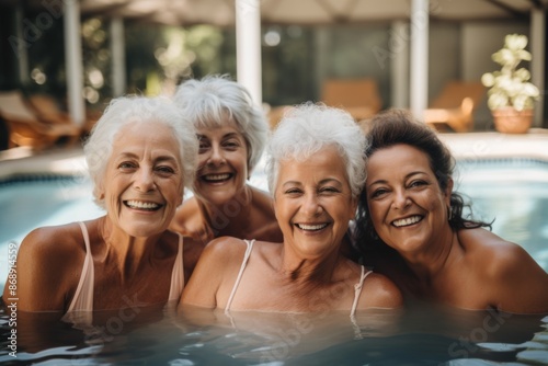 Portrait of a smiling diverse group of seniors near a pool © NikoG