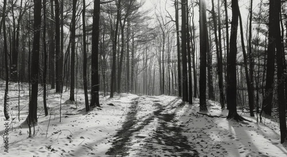 A Snowy Forest Path Through Tall Trees on a Winter Day A Snowy Forest Path Through Tall Trees on a Winter Day