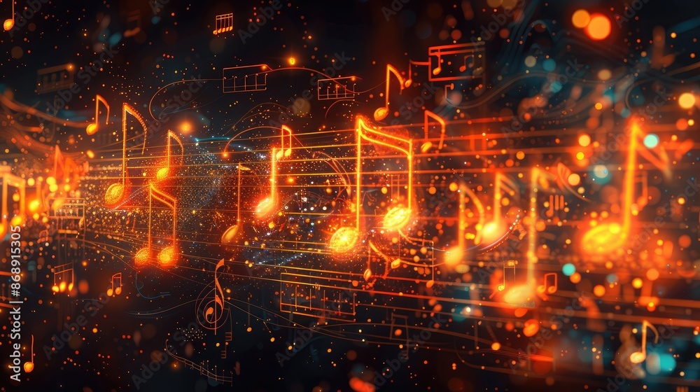 Abstract Glowing Musical Notes on a Dynamic Background of Light Particles Abstract Glowing Musical Notes on a Dynamic Background of Light Particles
