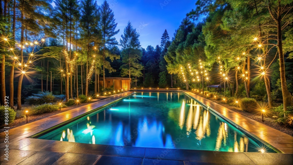 Naklejka premium Pool with glowing lights surrounded by tall trees at night, night, pool, glowing lights, trees, reflection, dark, tranquil