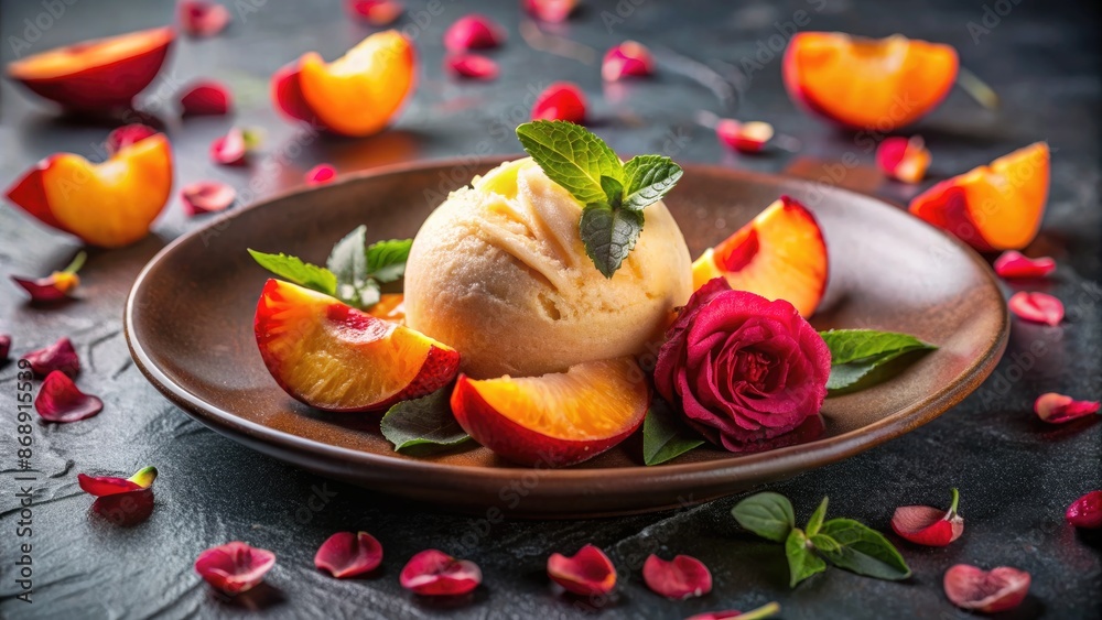 Fresh peach dessert with ice cream and pomegranate seeds. Fresh peach dessert with ice cream and pomegranate seeds.