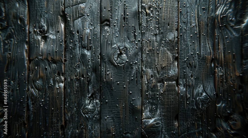Fototapeta premium Rugged Wet Black Wooden Texture with Rough Surface and Water Droplets