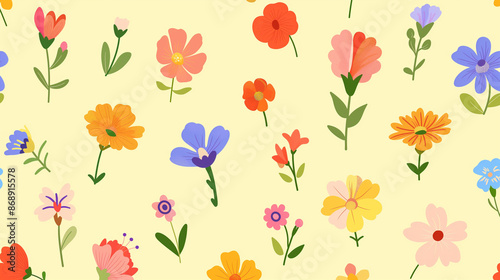 Various tiny spring flowers clipart collection pattern, minimal abstract illustration style , super fresh fluorescent vibrant color palette