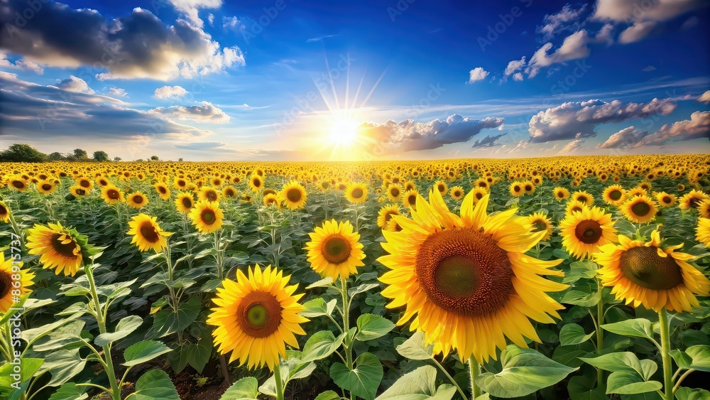 Fototapeta premium Vibrant sunflower field under a clear sky with golden petals glowing in the sunlight, sunflower, field, sky, vibrant, golden