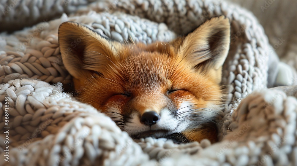 Detailed close-up of a baby fox wrapped in a warm blanket, exuding coziness and adorableness