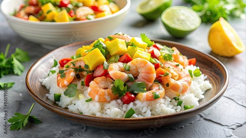 Fresh shrimp salad with colorful vegetables and lime wedges.