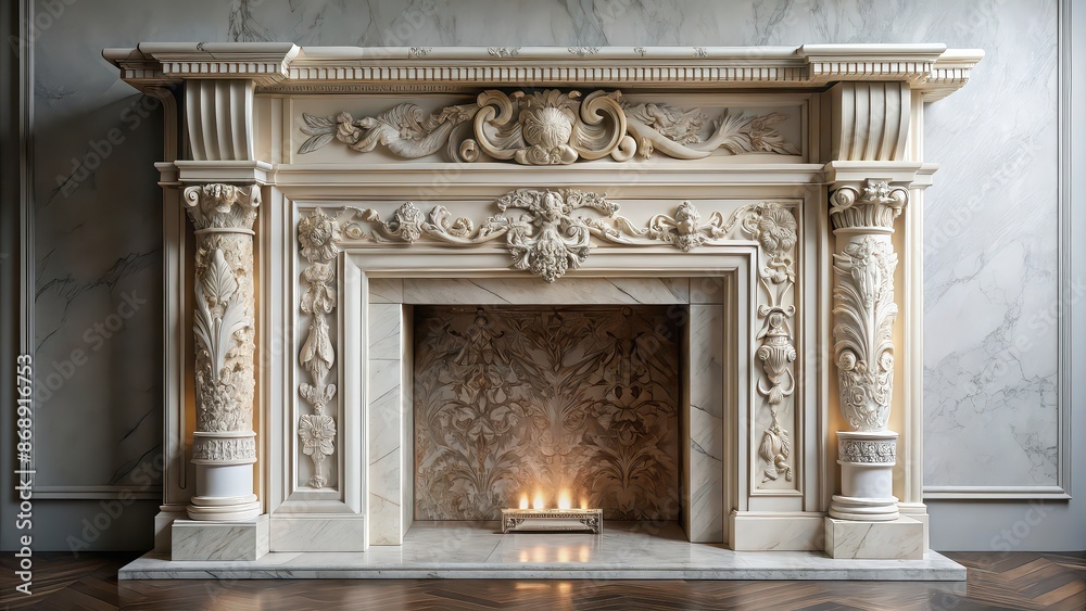 Fototapeta premium Marble fireplace with elegant carvings and intricate designs, luxury, interior design, home decor, architecture, classic, elegant