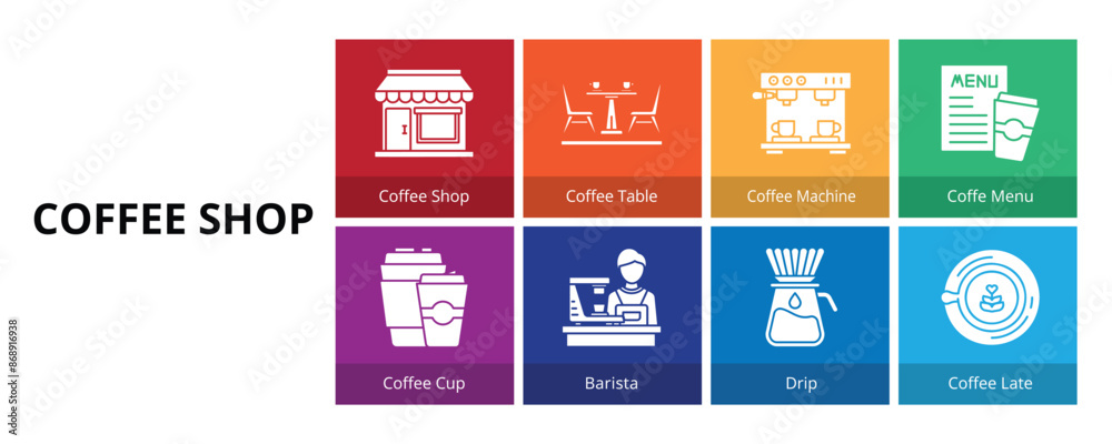 Coffee Shop Glyph Solid Banner Web Icon Set Vector Illustration, Coffee Shop Coffee Table Coffee Machine Coffee Menu Coffee Cup Barista Drip Coffee Late Coffee Shop Glyph Solid Banner Web Icon Set Vector Illustration, Coffee Shop Coffee Table Coffee Machine Coffee Menu Coffee Cup Barista Drip Coffee Late