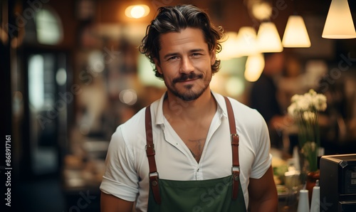 A smiling barista wearing an apron stands confidently in front of a coffee machine in a bright coffee shop. Implemented excellent customer service.