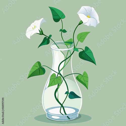beautiful morning glories vine wraps around transparent glass vase, filled with fresh white flowers., glories, morning, transparent, vase photo