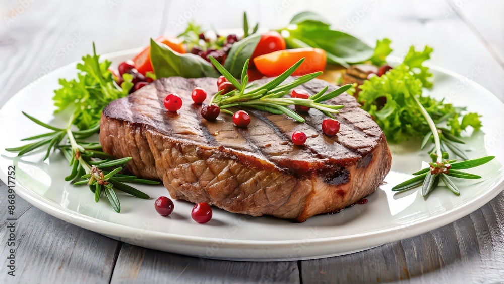 Grilled beef steak served with fresh greens and a sprinkle of salt on a white plate, grilled, beef, steak, greens, salad, salt Grilled beef steak served with fresh greens and a sprinkle of salt on a white plate, grilled, beef, steak, greens, salad, salt