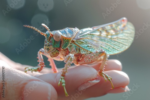 A green and pink katydid perched on a person's finger. AI.