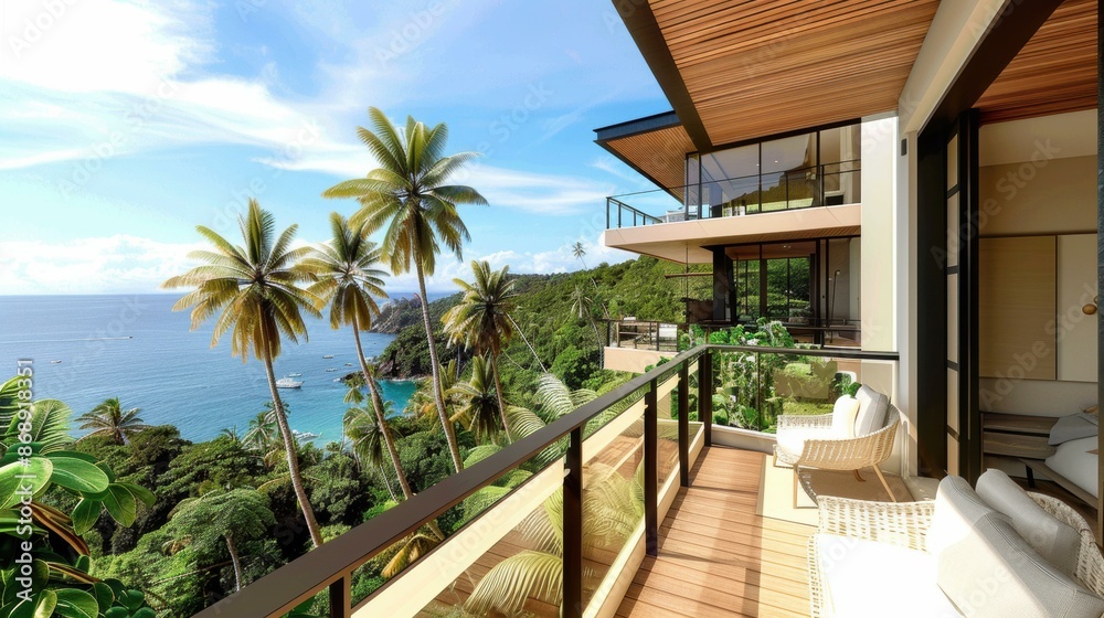 A beautiful view of the ocean from a tropical balcony. AI. A beautiful view of the ocean from a tropical balcony. AI.