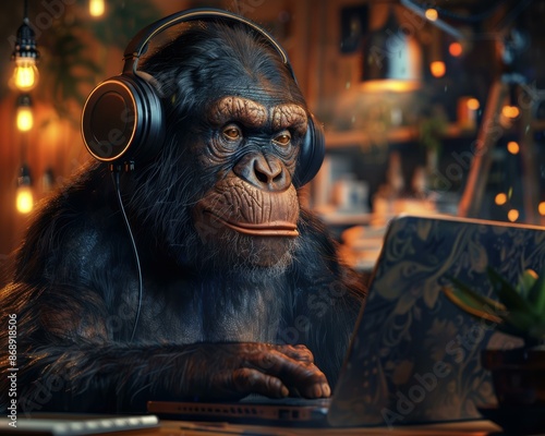 A chimpanzee wearing headphones is sitting in front of a laptop. AI.