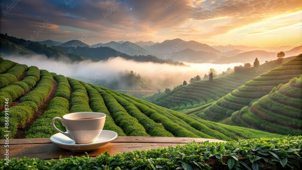 Tea cup surrounded by misty mountain tea fields, showcasing serene natural beauty, serenity, quiet, peaceful, nature, misty Tea cup surrounded by misty mountain tea fields, showcasing serene natural beauty, serenity, quiet, peaceful, nature, misty