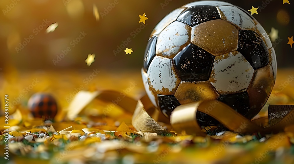 Fototapeta premium A Dazzling Celebration Unfolds With a Soccer Ball, Golden Trophy, and Sparkling Star Confetti.