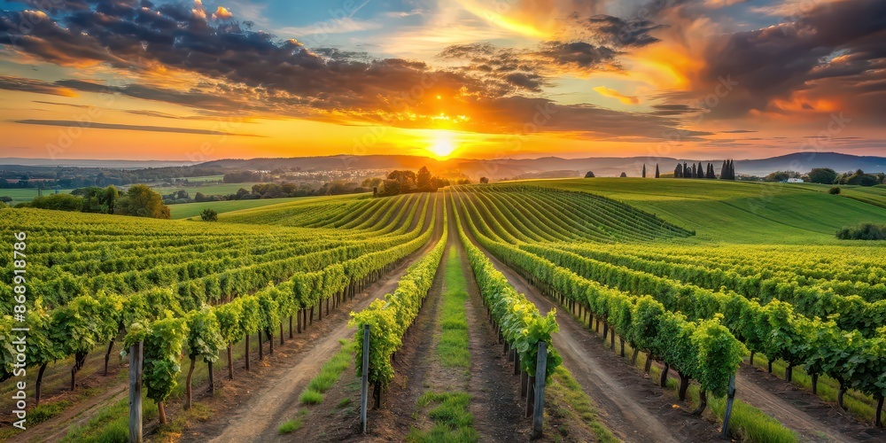 Sprawling vineyard at sunset with rows of grapevines stretching toward the horizon, vineyard, sunset, grapevines, rows Sprawling vineyard at sunset with rows of grapevines stretching toward the horizon, vineyard, sunset, grapevines, rows