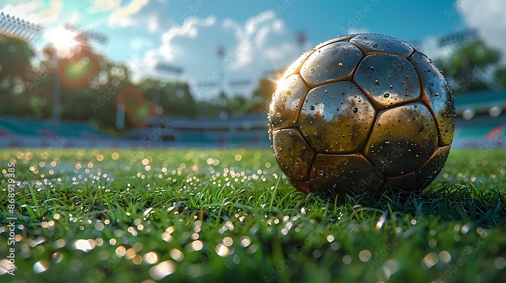 Fototapeta premium A Perfectly Placed Soccer Ball Sits on Vibrant Green Turf, Captured From a Bold Low Angle.