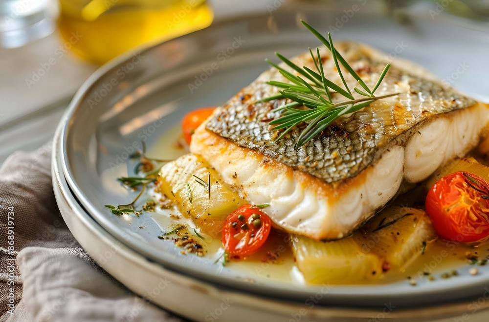 Grilled Salmon Fillet served on a bed of Roasted Vegetables, garnished with herbs Grilled Salmon Fillet served on a bed of Roasted Vegetables, garnished with herbs