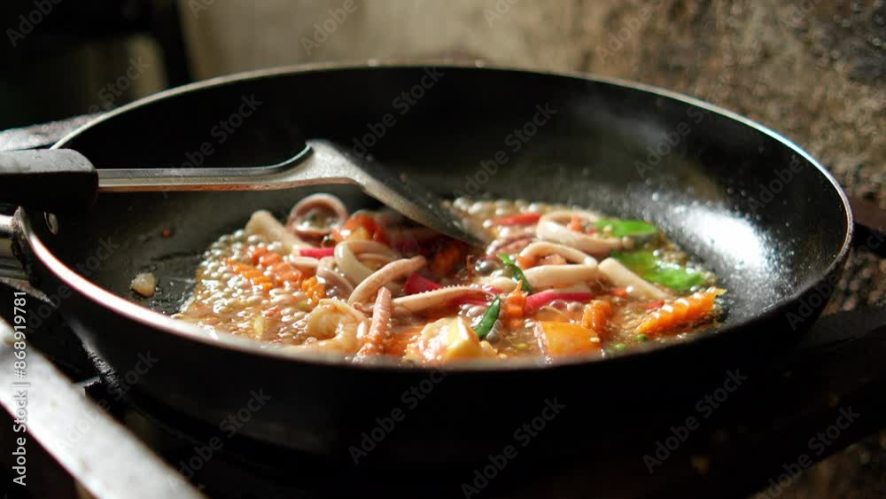 The chef is cooking Seafood spaghetti in a hot pan in the restaurant's kitchen. The chef is cooking Seafood spaghetti in a hot pan in the restaurant's kitchen.