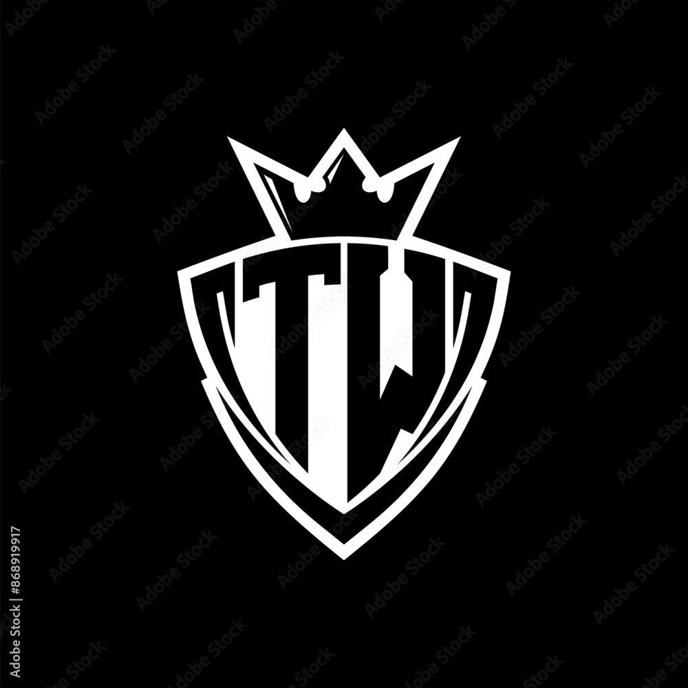 TW Letter logo with sharp triangle shield shape with crown inside white outline on black background template design TW Letter logo with sharp triangle shield shape with crown inside white outline on black background template design