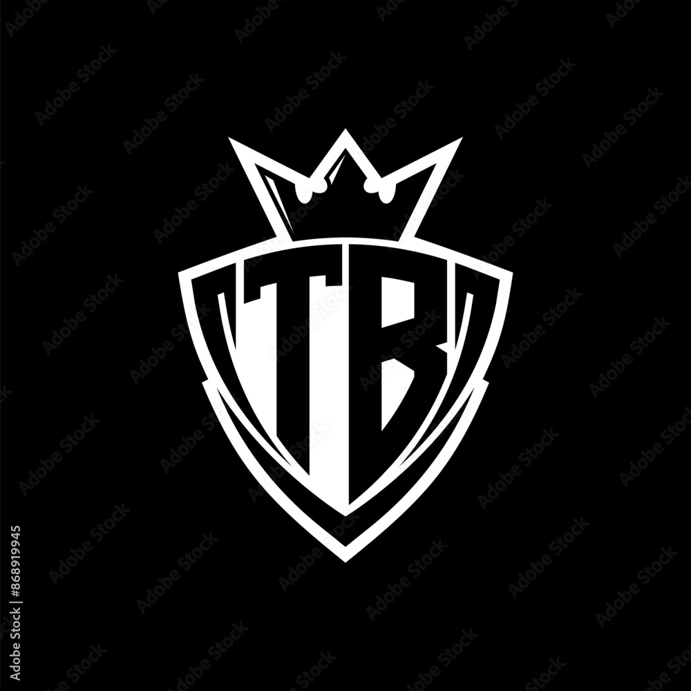 TB Letter logo with sharp triangle shield shape with crown inside white outline on black background template design TB Letter logo with sharp triangle shield shape with crown inside white outline on black background template design