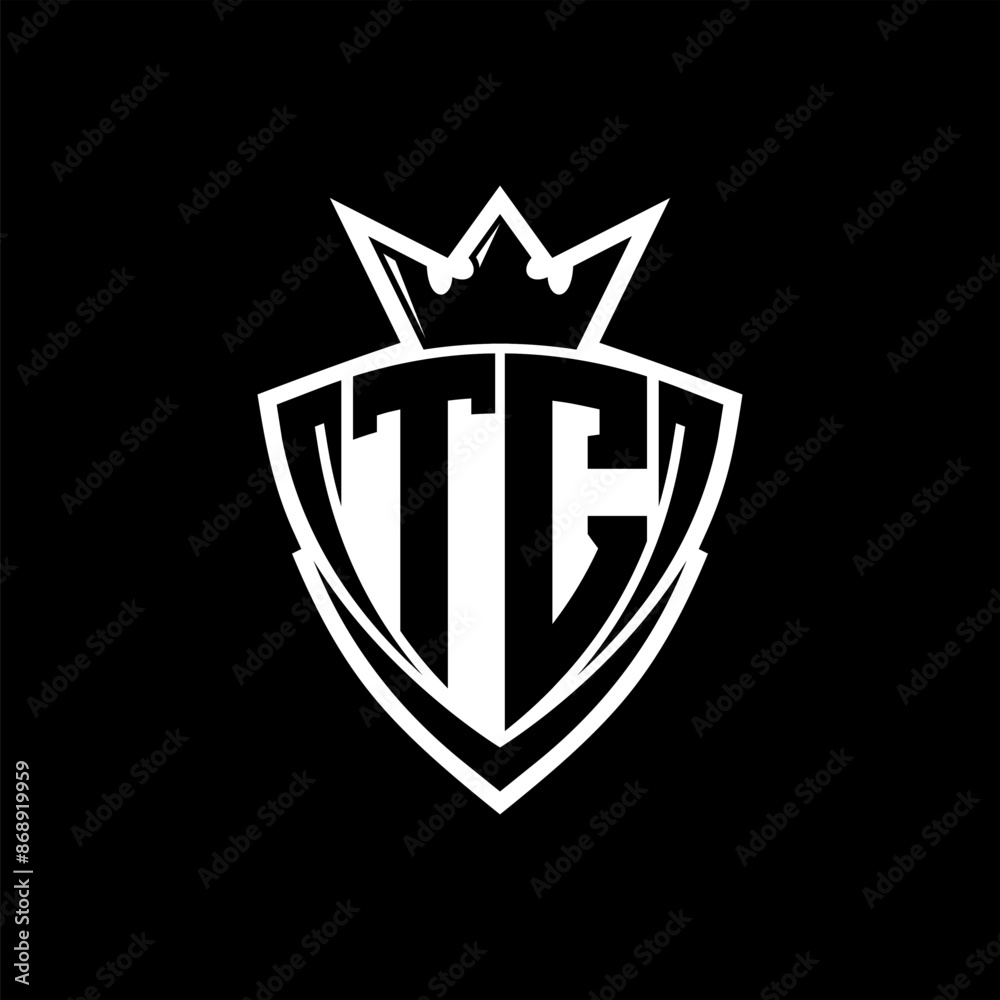 TC Letter logo with sharp triangle shield shape with crown inside white outline on black background template design TC Letter logo with sharp triangle shield shape with crown inside white outline on black background template design