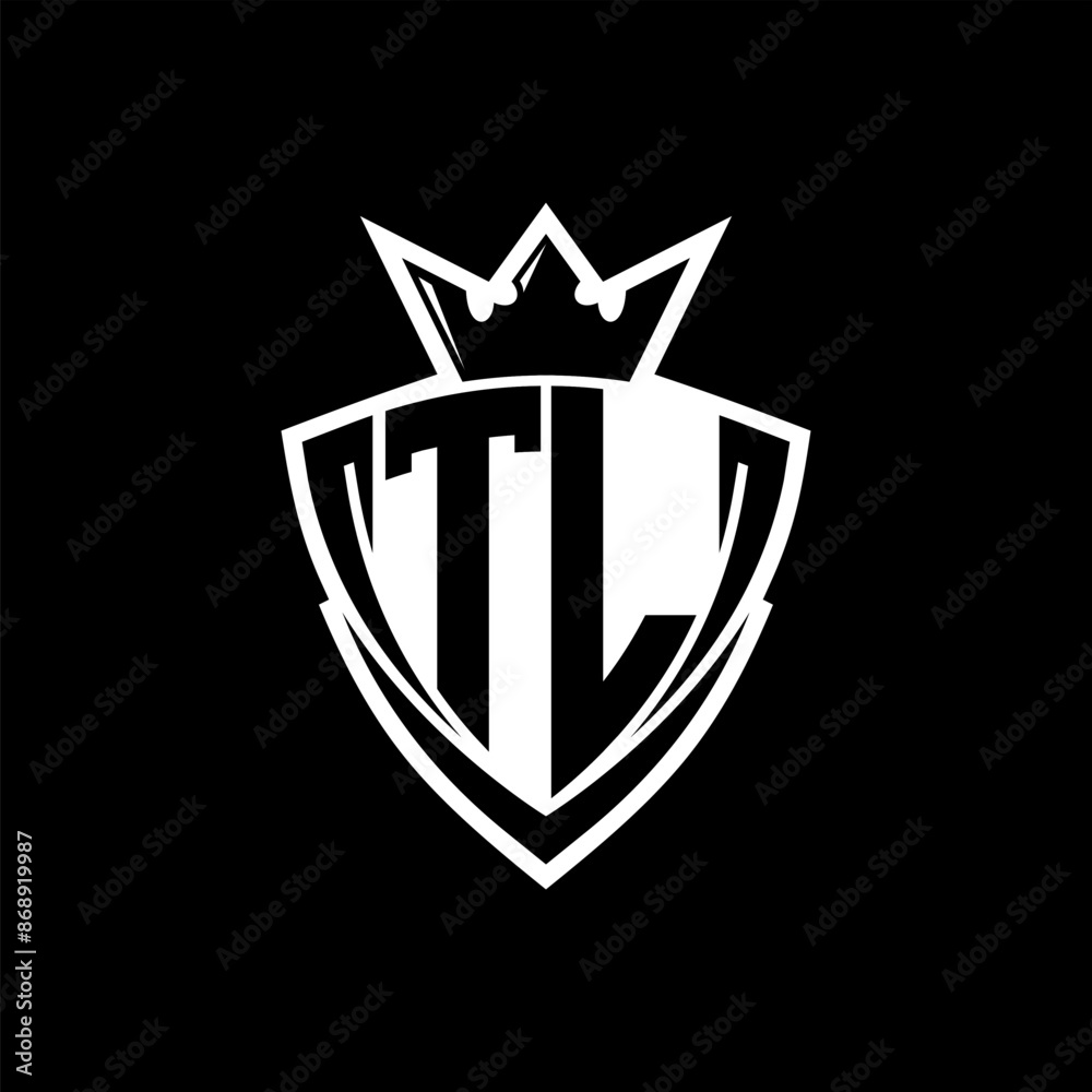 TL Letter logo with sharp triangle shield shape with crown inside white outline on black background template design TL Letter logo with sharp triangle shield shape with crown inside white outline on black background template design