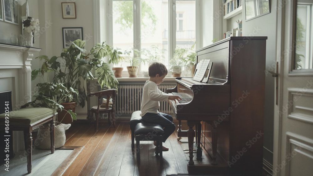 Fototapeta premium Peaceful Child Playing Piano Scene