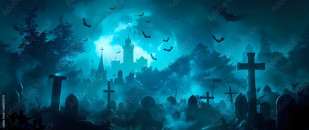 Fototapeta premium Spooky Halloween night background with graveyard, haunted house, and bats silhouetted against a full moon. Concept of horror, mystery, and the supernatural.